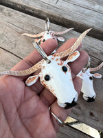 Hand Painted Red Speckled Texas Longhorn Leather Keychain