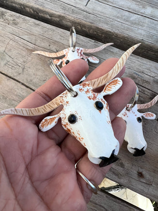 Hand Painted Red Speckled Texas Longhorn Leather Keychain