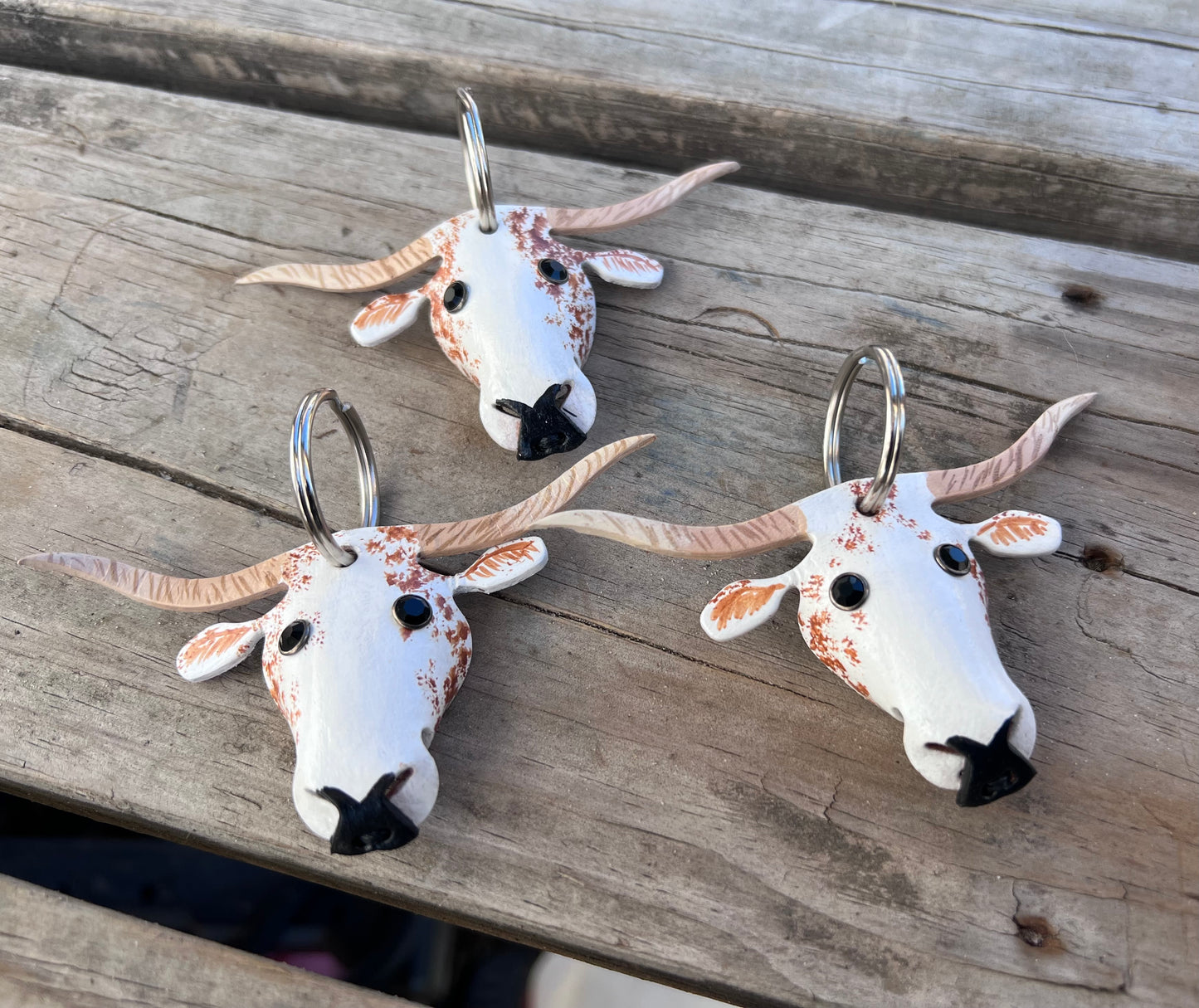 Hand Painted Red Speckled Texas Longhorn Leather Keychain