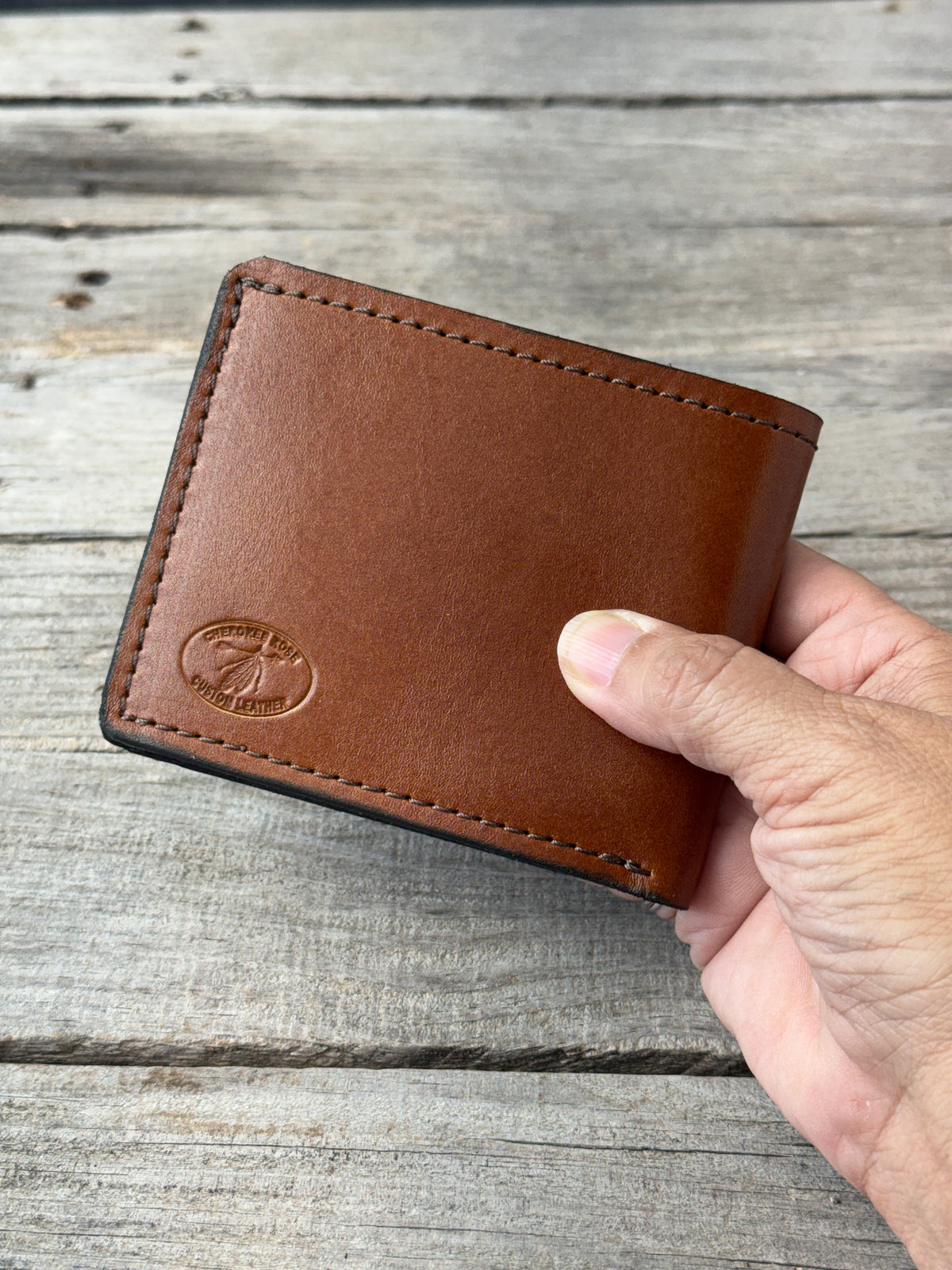Rodeo Tan full grain leather bifold wallet with Cherokee Rose maker's mark
