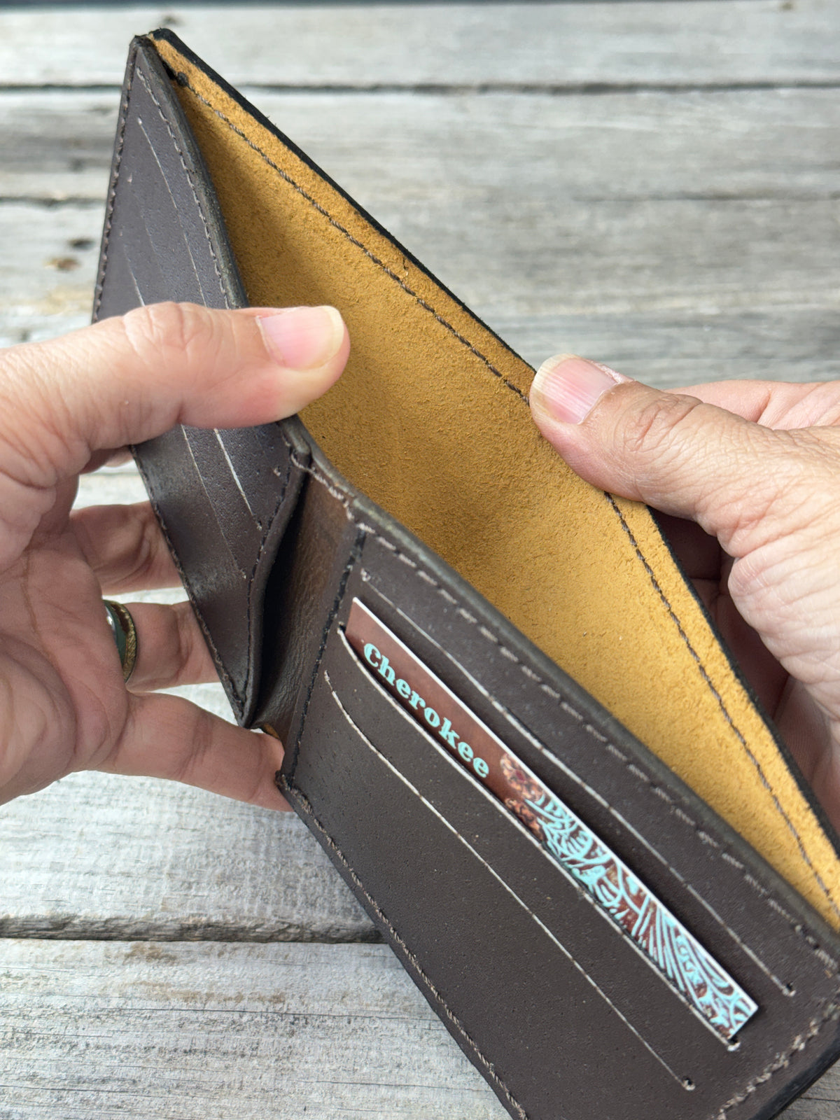 Rodeo Tan leather bifold wallet with smooth brown pigskin interior
