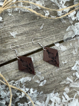 Small dark brown diamond leather earrings with geometric line stamping and sterling silver hooks, handmade by Cherokee Rose Custom Leather in East Texas.