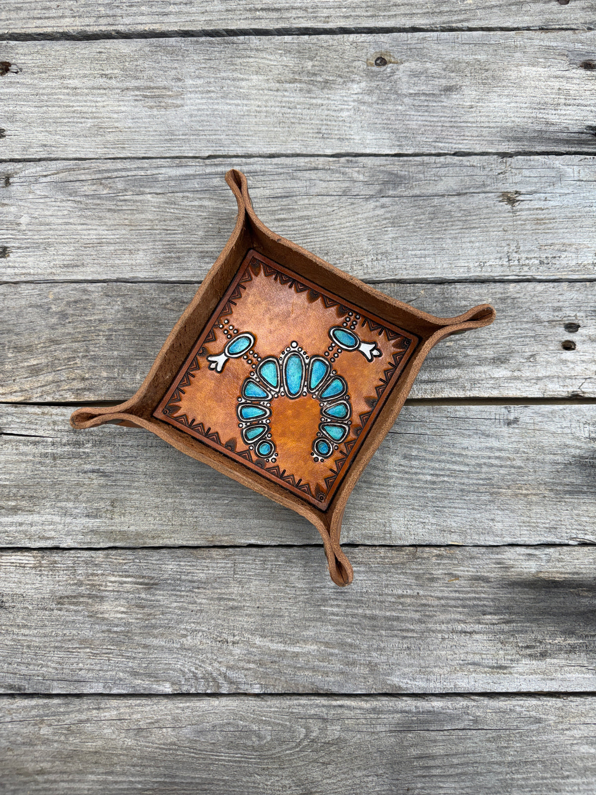 Carved Squash Blossom Leather Valet Tray