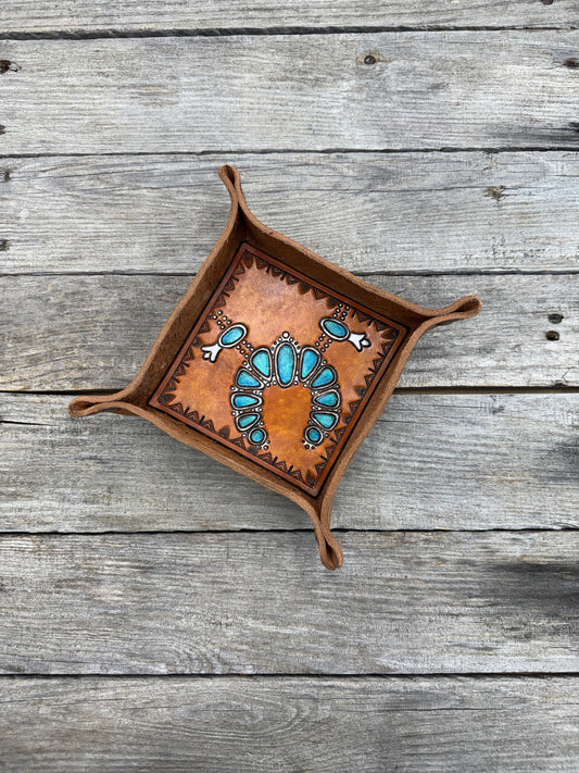 Carved Squash Blossom Leather Valet Tray