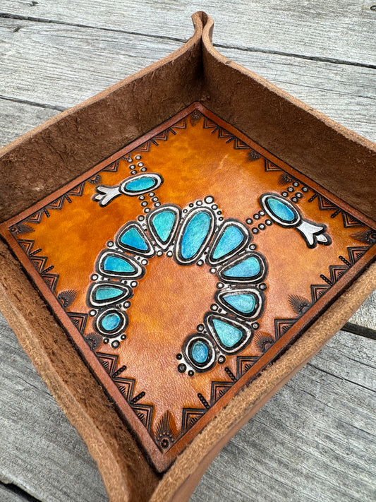 Carved Squash Blossom Leather Valet Tray