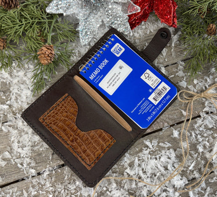 Stamped border Western leather memo pad holder with crocodile-embossed accents and black snap closure, handmade by Cherokee Rose Custom Leather.