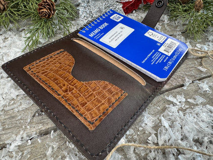 Stamped border Western leather memo pad holder with crocodile-embossed accents and black snap closure, handmade by Cherokee Rose Custom Leather.