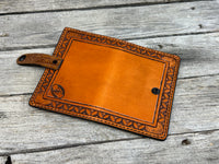 Stamped border Western leather memo pad holder with crocodile-embossed accents and black snap closure, handmade by Cherokee Rose Custom Leather.