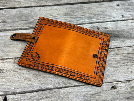 Stamped border Western leather memo pad holder with crocodile-embossed accents and black snap closure, handmade by Cherokee Rose Custom Leather.