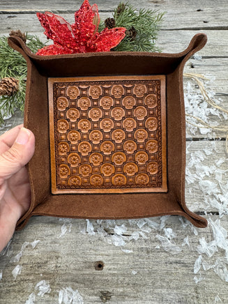 Hand-tooled leather valet tray with geometric circle stamped pattern, handmade by Cherokee Rose Custom Leather in East Texas