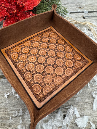 Hand-tooled leather valet tray with geometric circle stamped pattern, handmade by Cherokee Rose Custom Leather in East Texas