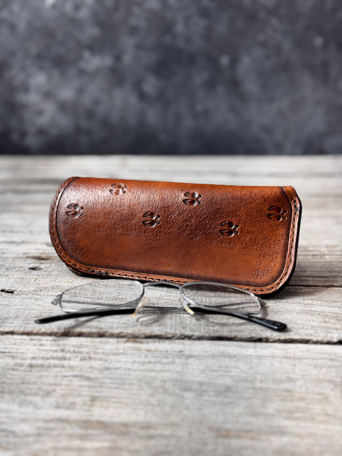 Hand Stamped Deer Track Leather Eyeglass Case
