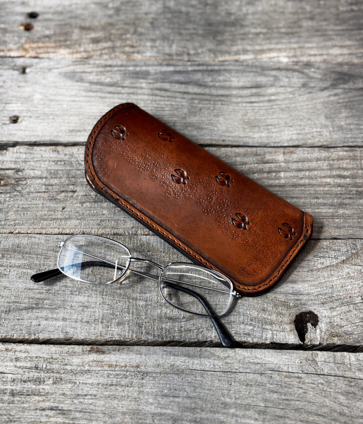 Hand Stamped Deer Track Leather Eyeglass Case