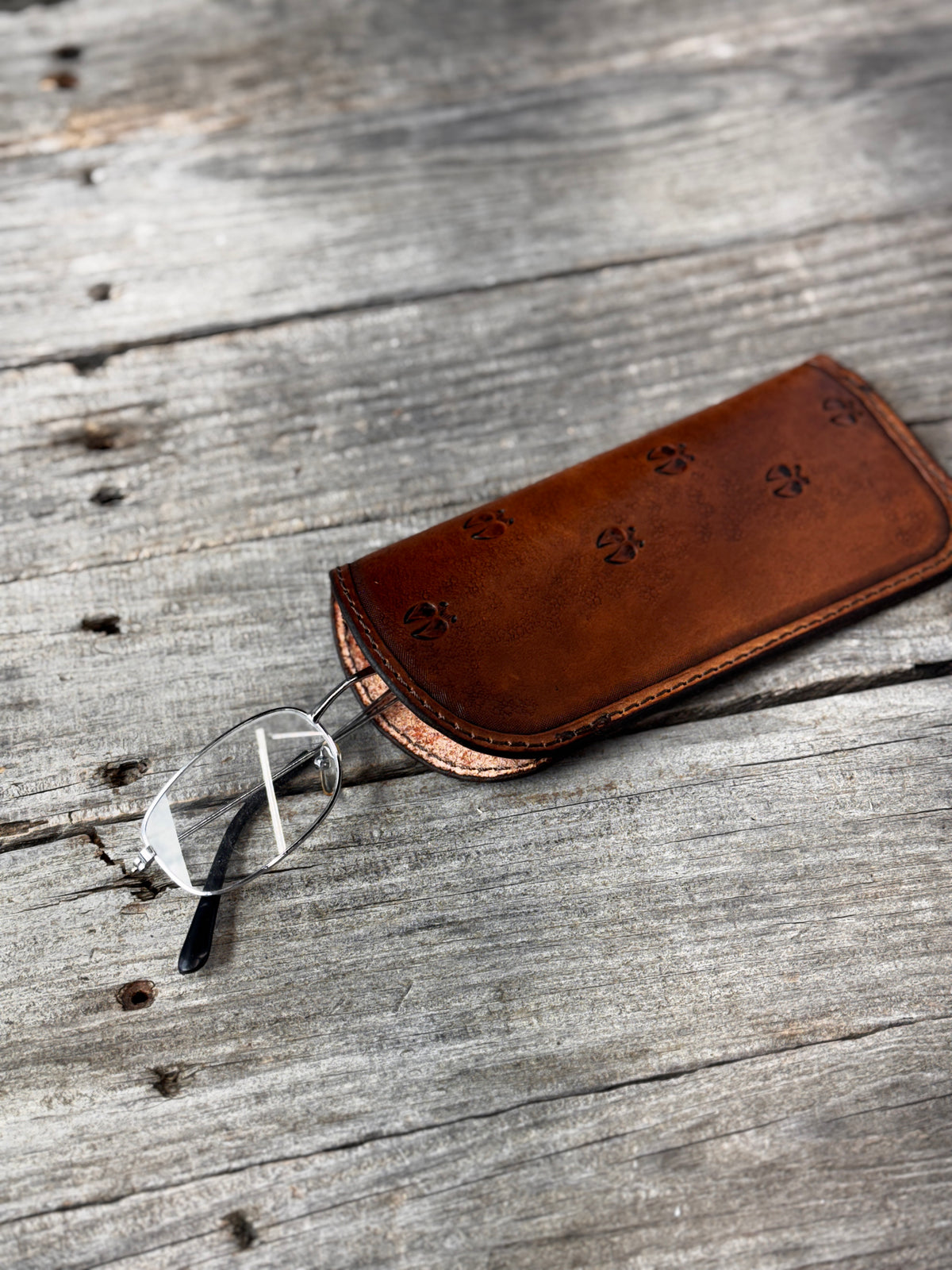 Hand Stamped Deer Track Leather Eyeglass Case