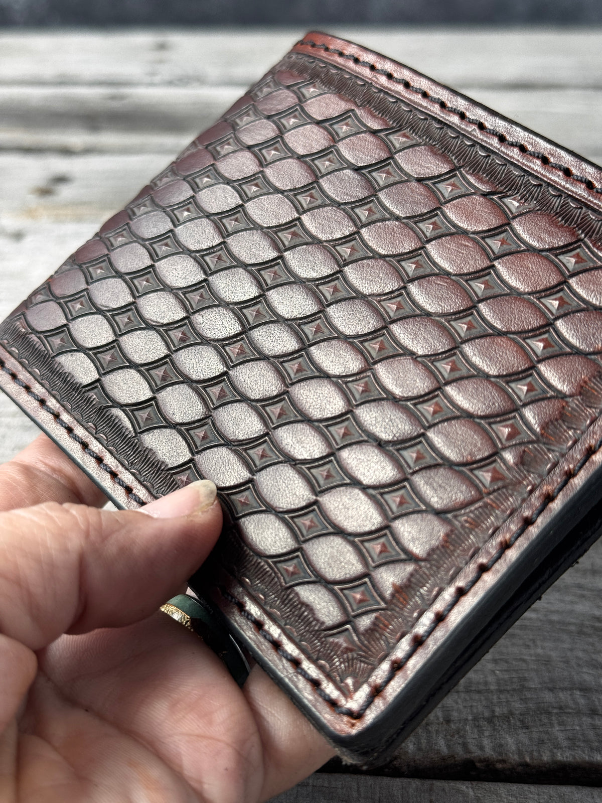 Diamond Basketweave Stamped Leather Bifold Wallet
