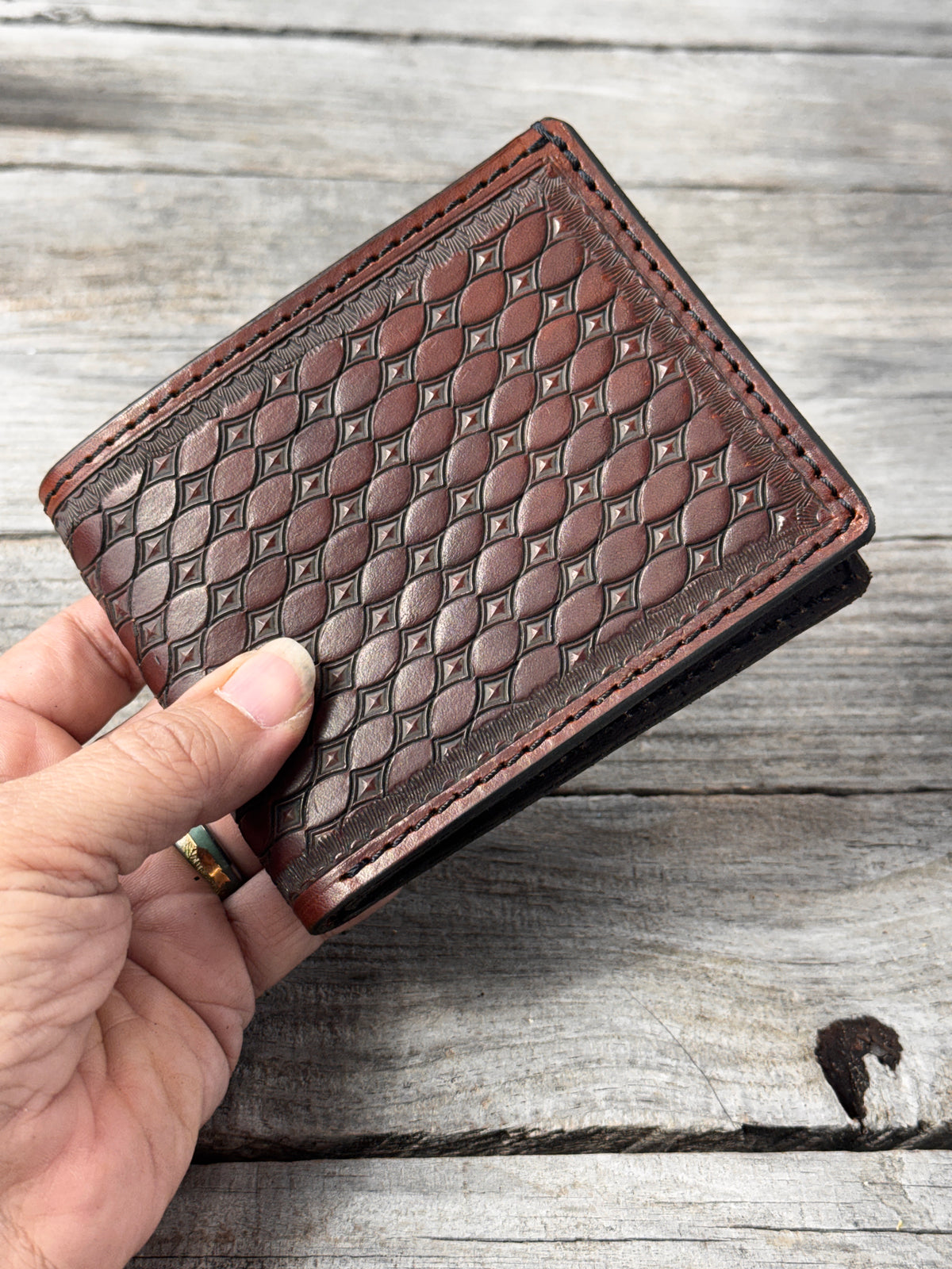 Diamond Basketweave Stamped Leather Bifold Wallet