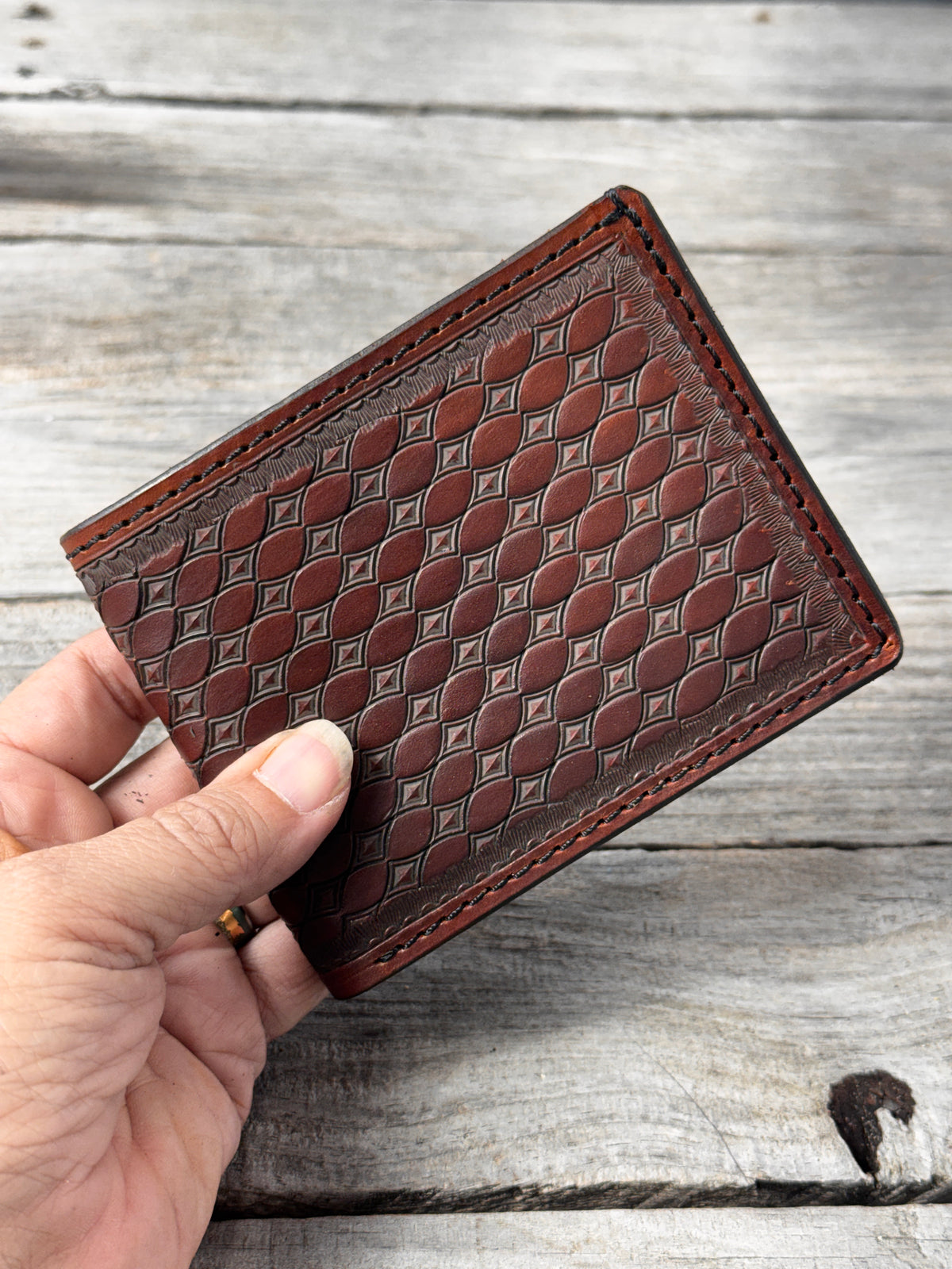 Diamond Basketweave Stamped Leather Bifold Wallet