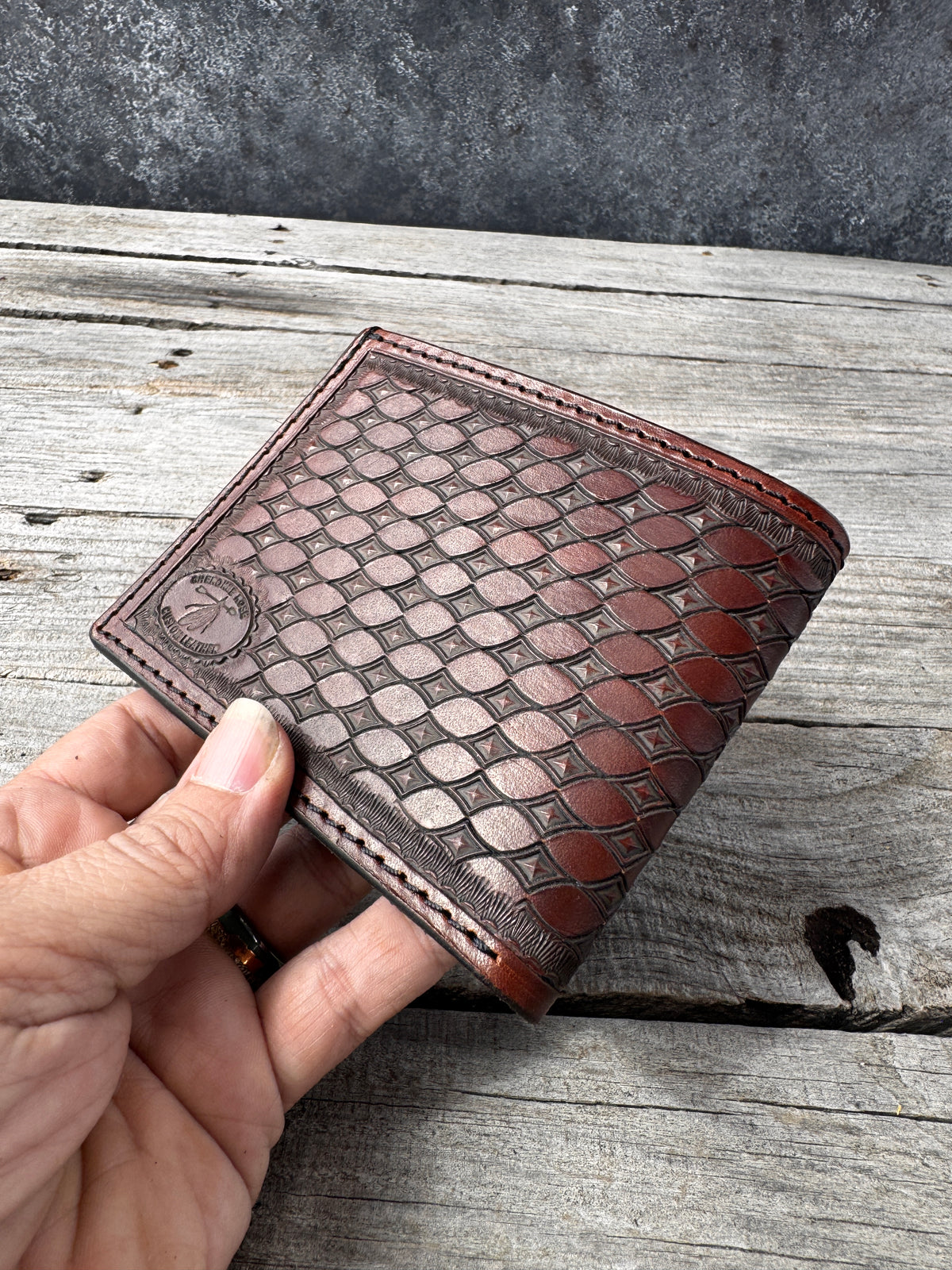 Diamond Basketweave Stamped Leather Bifold Wallet