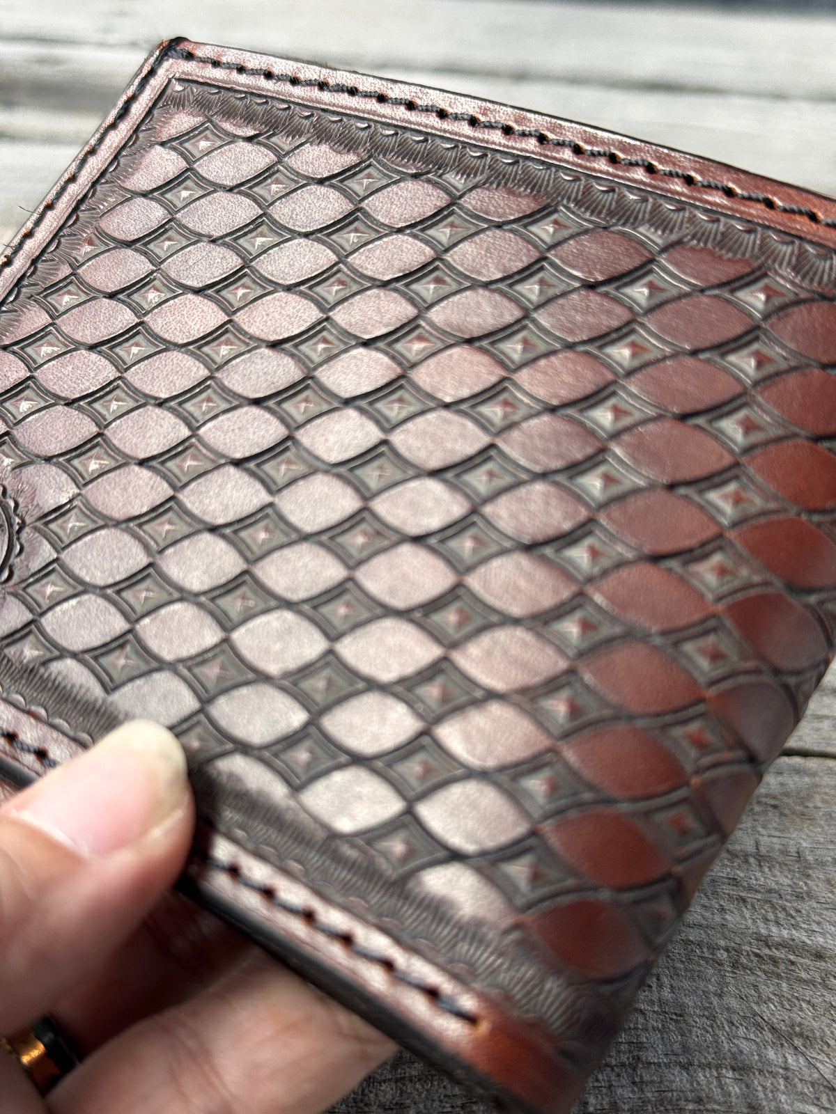 Diamond Basketweave Stamped Leather Bifold Wallet