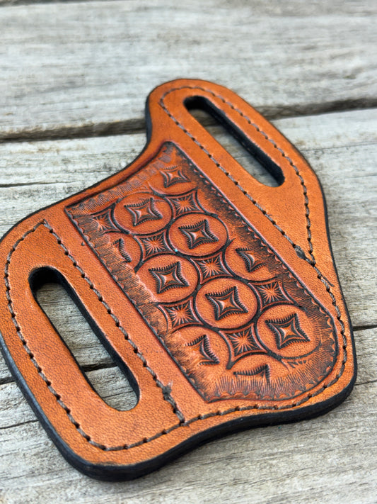 Wide Slanted Stamped Leather Pocket Knife Sheath
