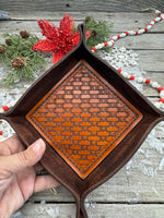 Hand-tooled leather valet tray with basketweave pattern and Texas longhorn stamp, handmade by Cherokee Rose Custom Leather in East Texas.