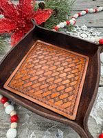 Hand-tooled leather valet tray with basketweave pattern and Texas longhorn stamp, handmade by Cherokee Rose Custom Leather in East Texas.
