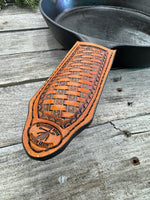 Hand Stamped Leather Cast Iron Skillet Handle Cover – Texas Star Basketweave