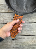 Hand Stamped Leather Cast Iron Skillet Handle Cover – Texas Star Basketweave