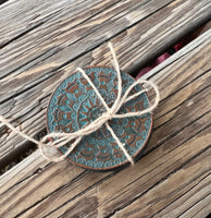 Turquoise Mandala Hand Stamped Leather Coaster Set of 4