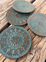 Turquoise Mandala Hand Stamped Leather Coaster Set of 4