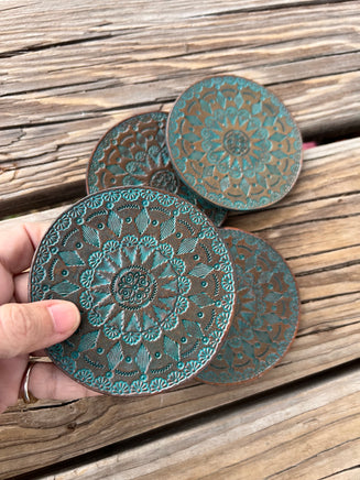 Turquoise Mandala Hand Stamped Leather Coaster Set of 4