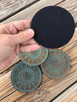 Turquoise Mandala Hand Stamped Leather Coaster Set of 4