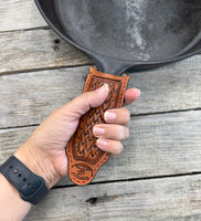 Hand Stamped Leather Cast Iron Skillet Handle Cover – Woven Basketweave Design