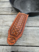 Hand Stamped Leather Cast Iron Skillet Handle Cover – Woven Basketweave Design
