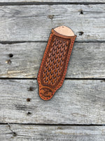 Hand Stamped Leather Cast Iron Skillet Handle Cover – Woven Basketweave Design