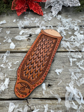 Hand Stamped Leather Cast Iron Skillet Handle Cover – Woven Basketweave Design