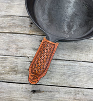 Hand Stamped Leather Cast Iron Skillet Handle Cover – Woven Basketweave Design