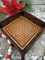 Hand-tooled leather valet tray with woven basketweave pattern, handmade by Cherokee Rose Custom Leather in East Texas.