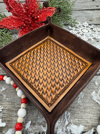 Hand-tooled leather valet tray with woven basketweave pattern, handmade by Cherokee Rose Custom Leather in East Texas.