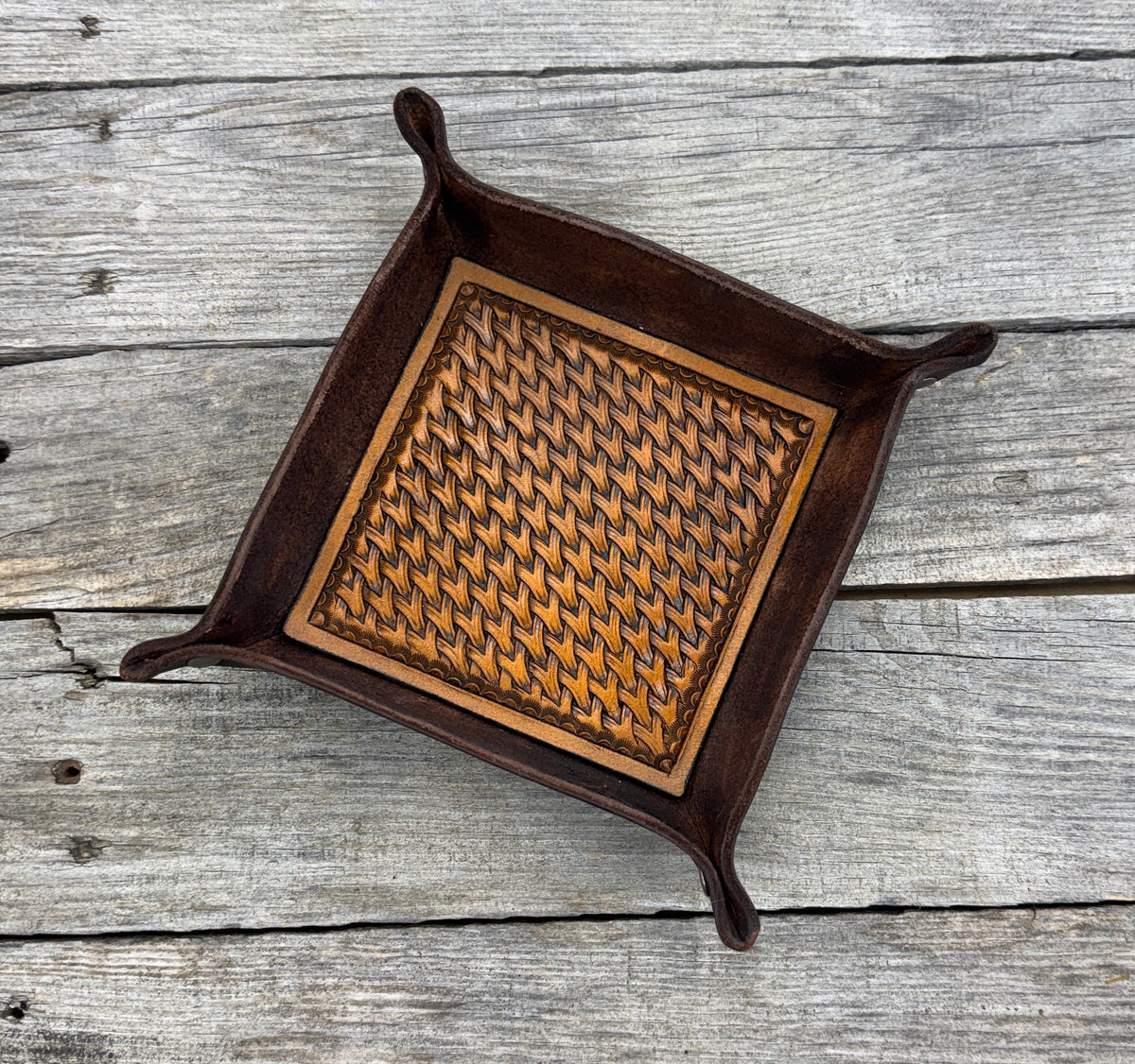 Woven Basketweave Leather Valet Tray