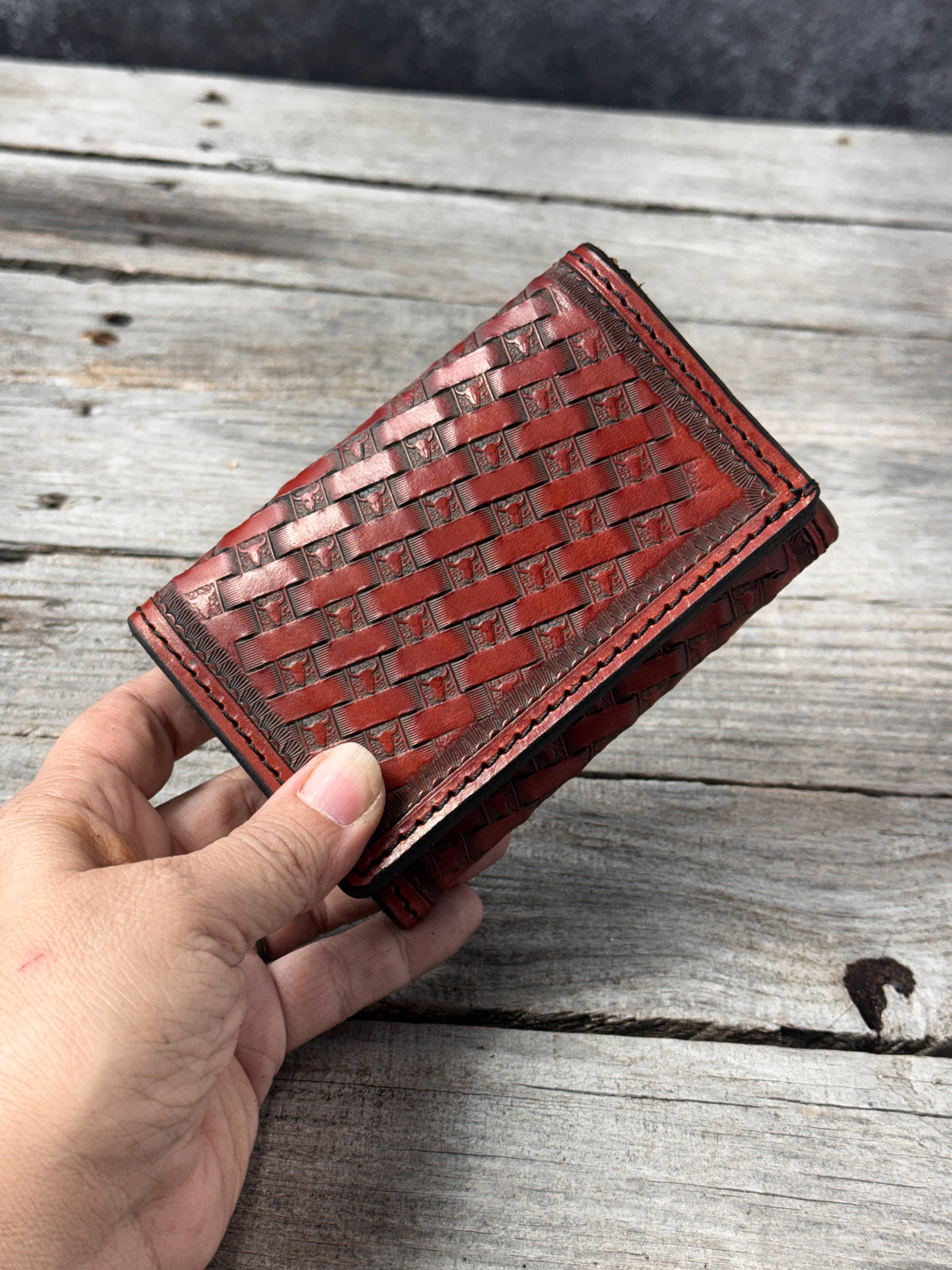 Texas Longhorn Basketweave Stamped Leather Trifold Wallet