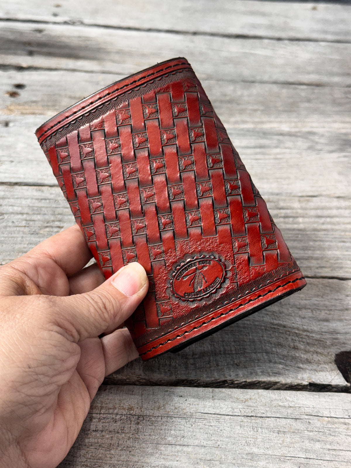 Texas Longhorn Basketweave Stamped Leather Trifold Wallet