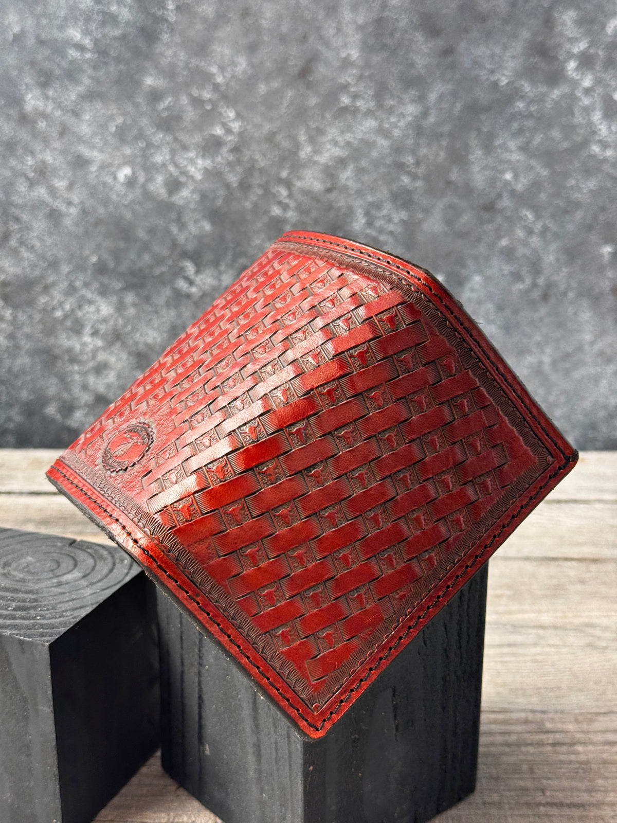Texas Longhorn Basketweave Stamped Leather Trifold Wallet