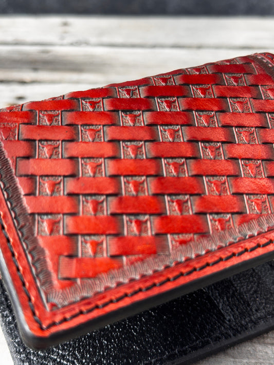 Texas Longhorn Basketweave Stamped Leather Trifold Wallet