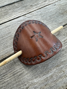 Texas Star hand stamped leather hair barrette with shell and oval border and bamboo hair stick.