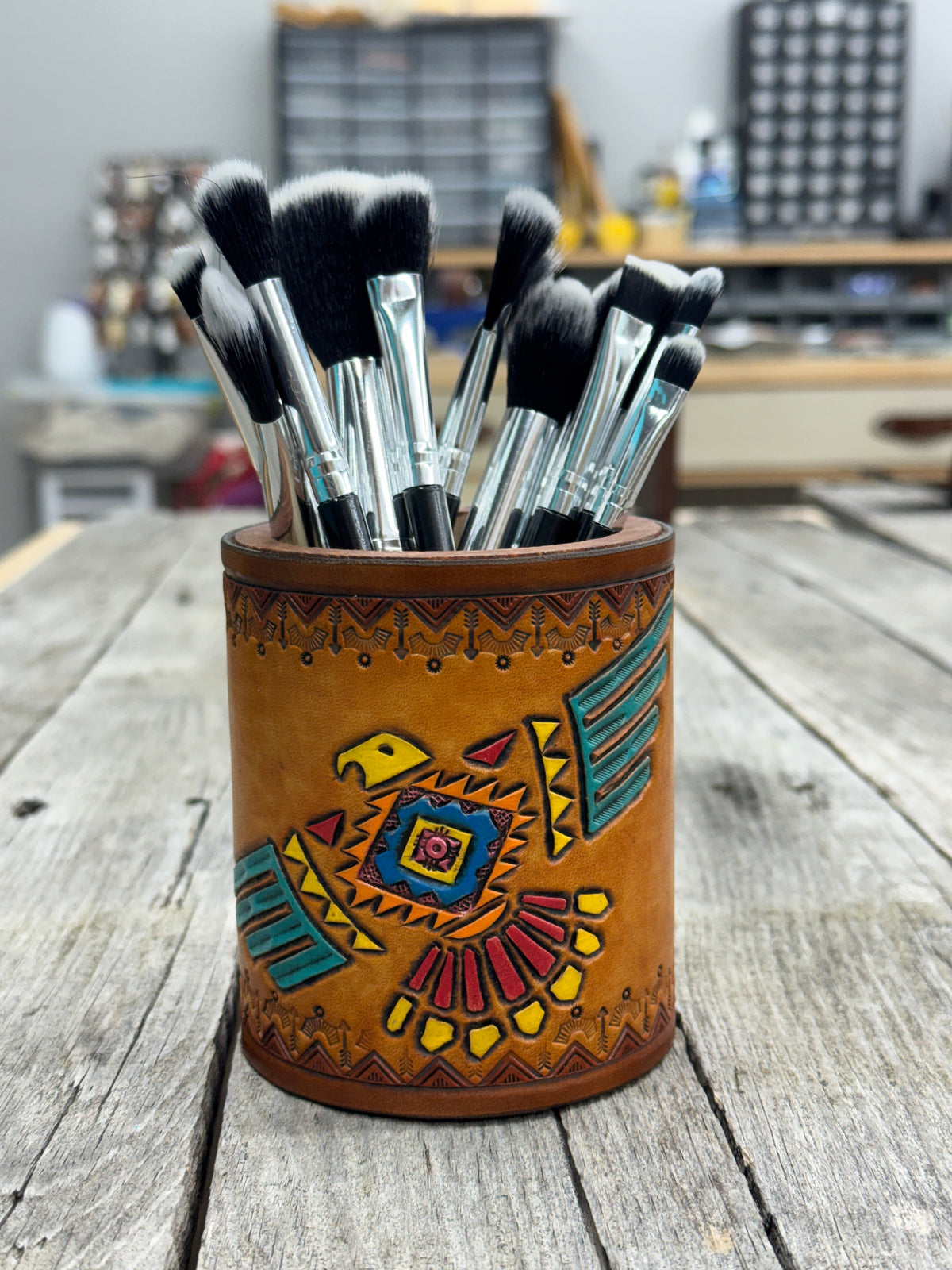 southwestern leather makeup brush holder handmade