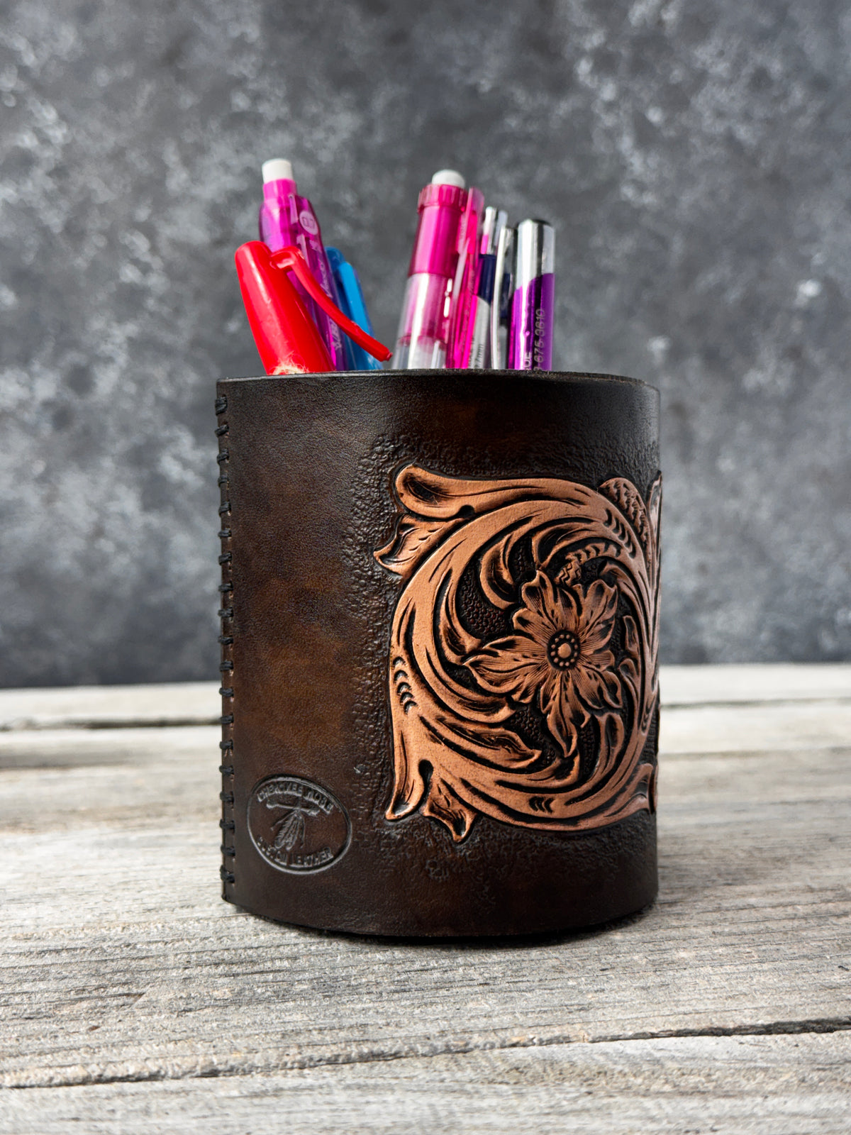 Sheridan Style Leather Desk Organizer – Hand Tooled Floral Pen Holder