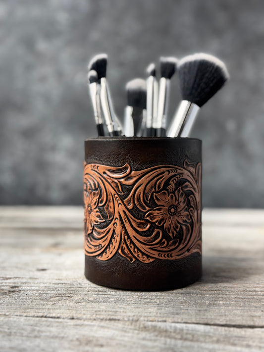 Sheridan Style Leather Desk Organizer – Hand Tooled Floral Pen Holder