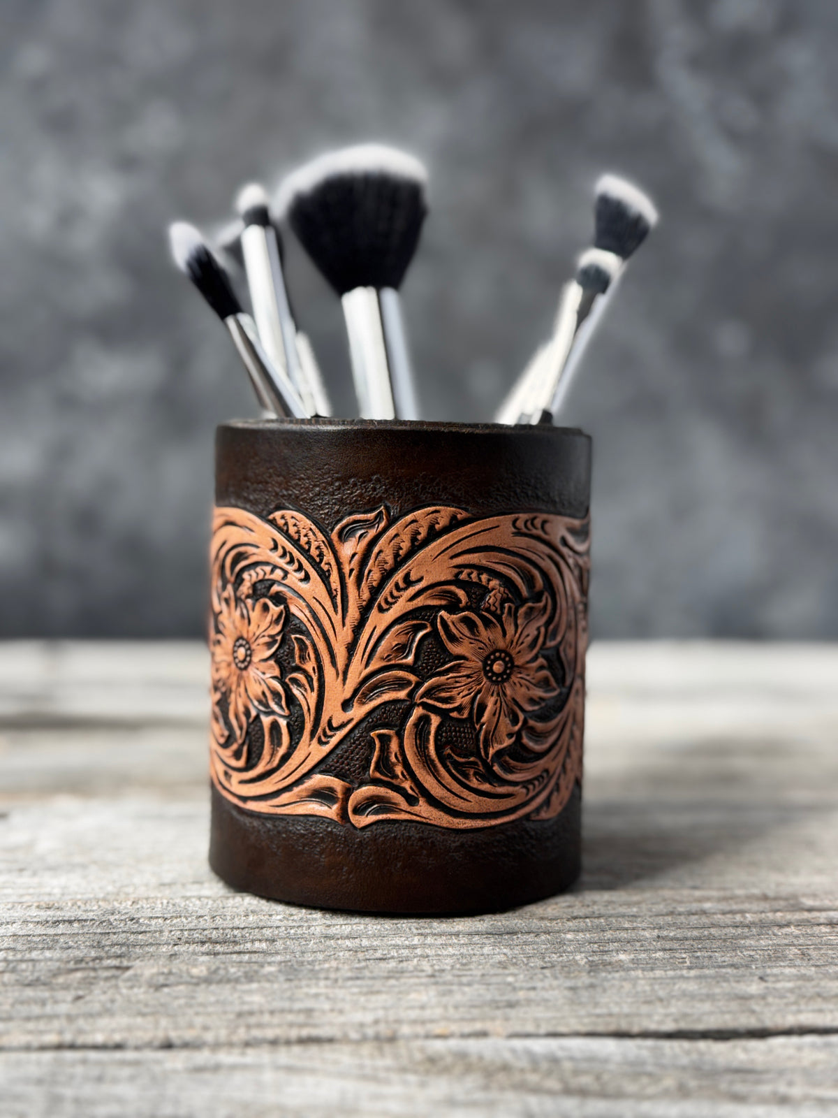 Sheridan Style Leather Desk Organizer – Hand Tooled Floral Pen Holder
