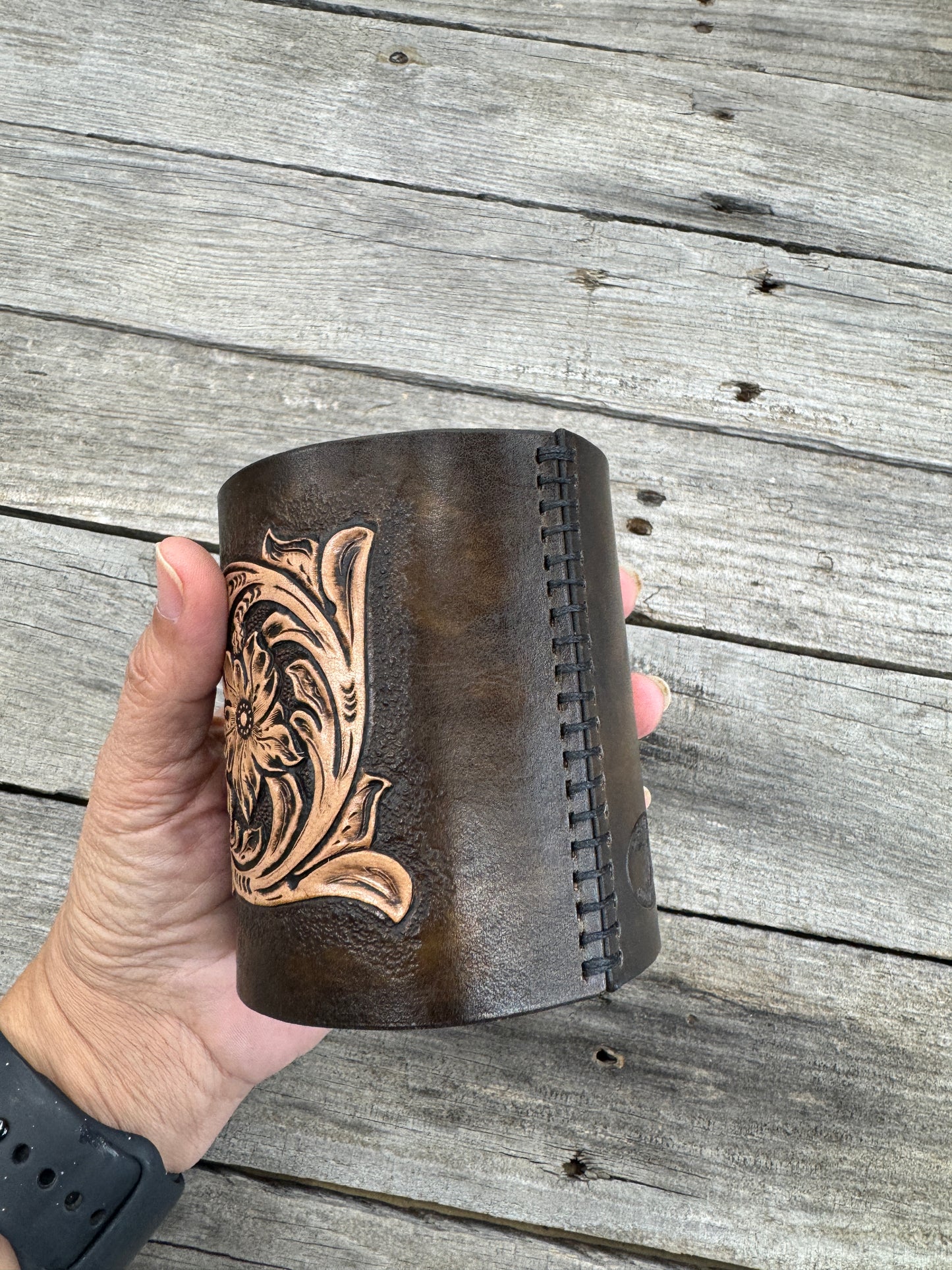 Sheridan Style Leather Desk Organizer – Hand Tooled Floral Pen Holder